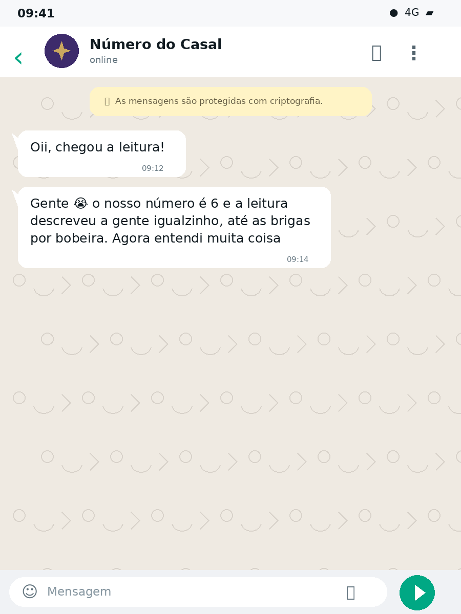 Print de conversa no WhatsApp de quem recebeu a leitura do Número do Casal