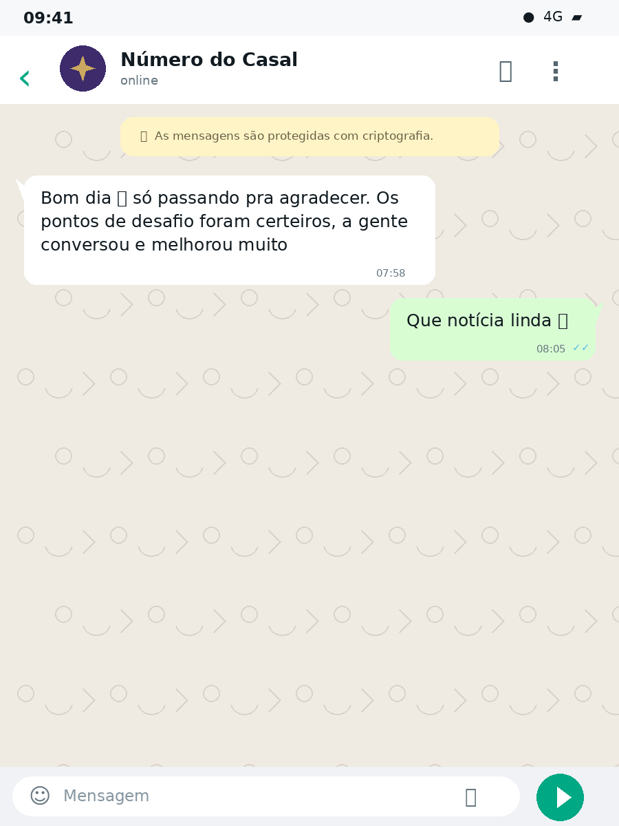Print de conversa no WhatsApp agradecendo pelos pontos de desafio da relação